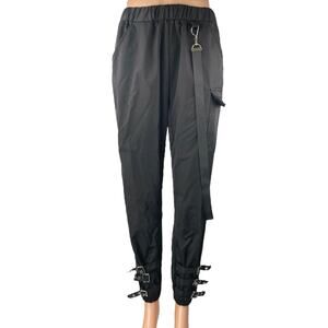 Women's Black High Rise Buckle Ankle Strap Tapered Leg Cargo Trousers Pants S